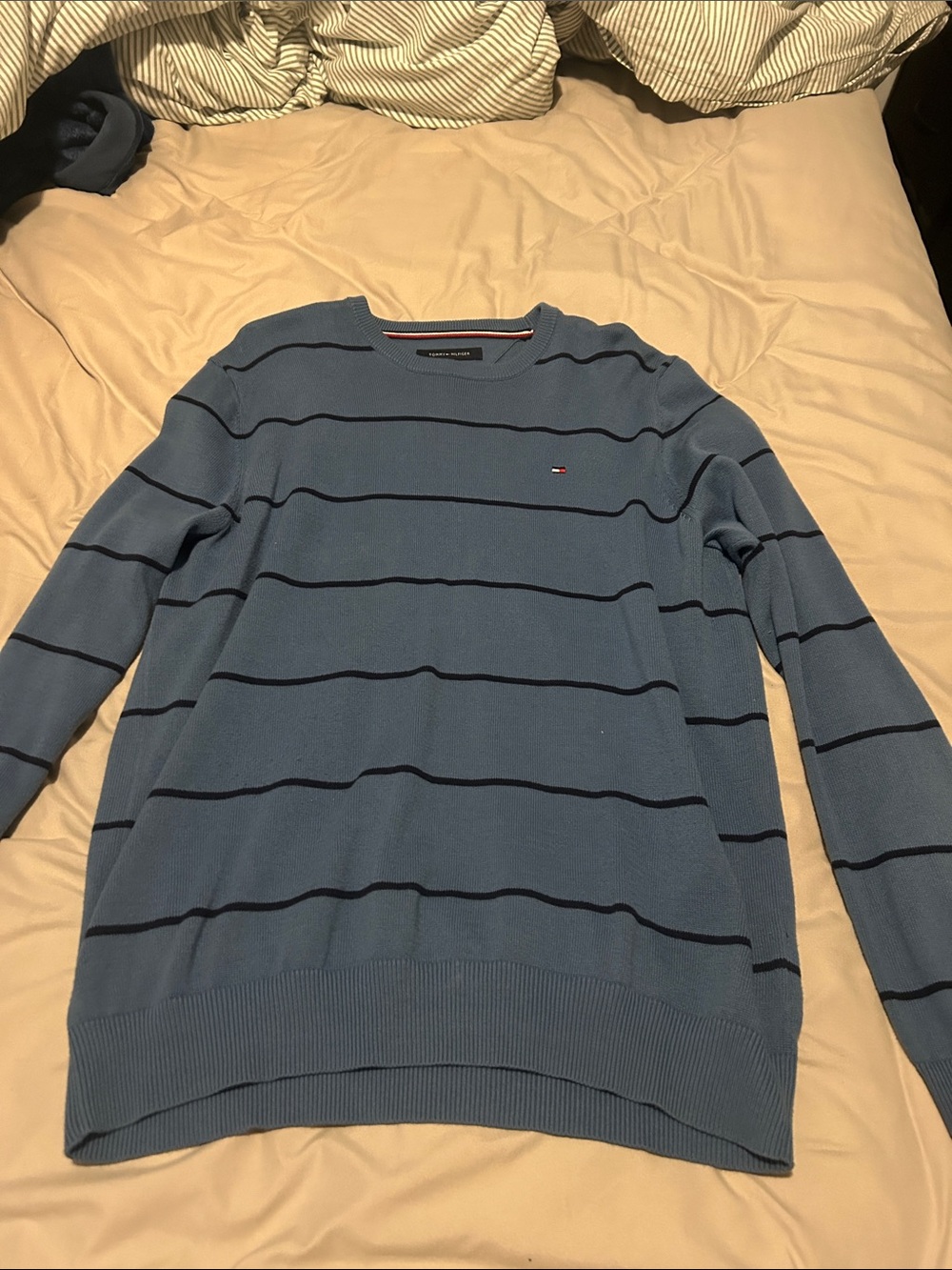 Tommy Hilfiger Slate Blue Crewneck Sweater with Navy Stripes - Men's